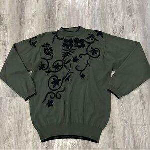 KINEI Embroidered Wool Mock Neck Sweater  Women L Floral Green Black Cottagecore